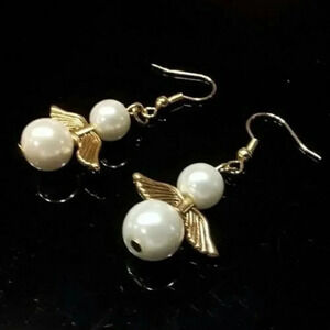 Hand Craft White Glass Pearl and Gold Plated Pewter Angel Wings Dangle Earrings